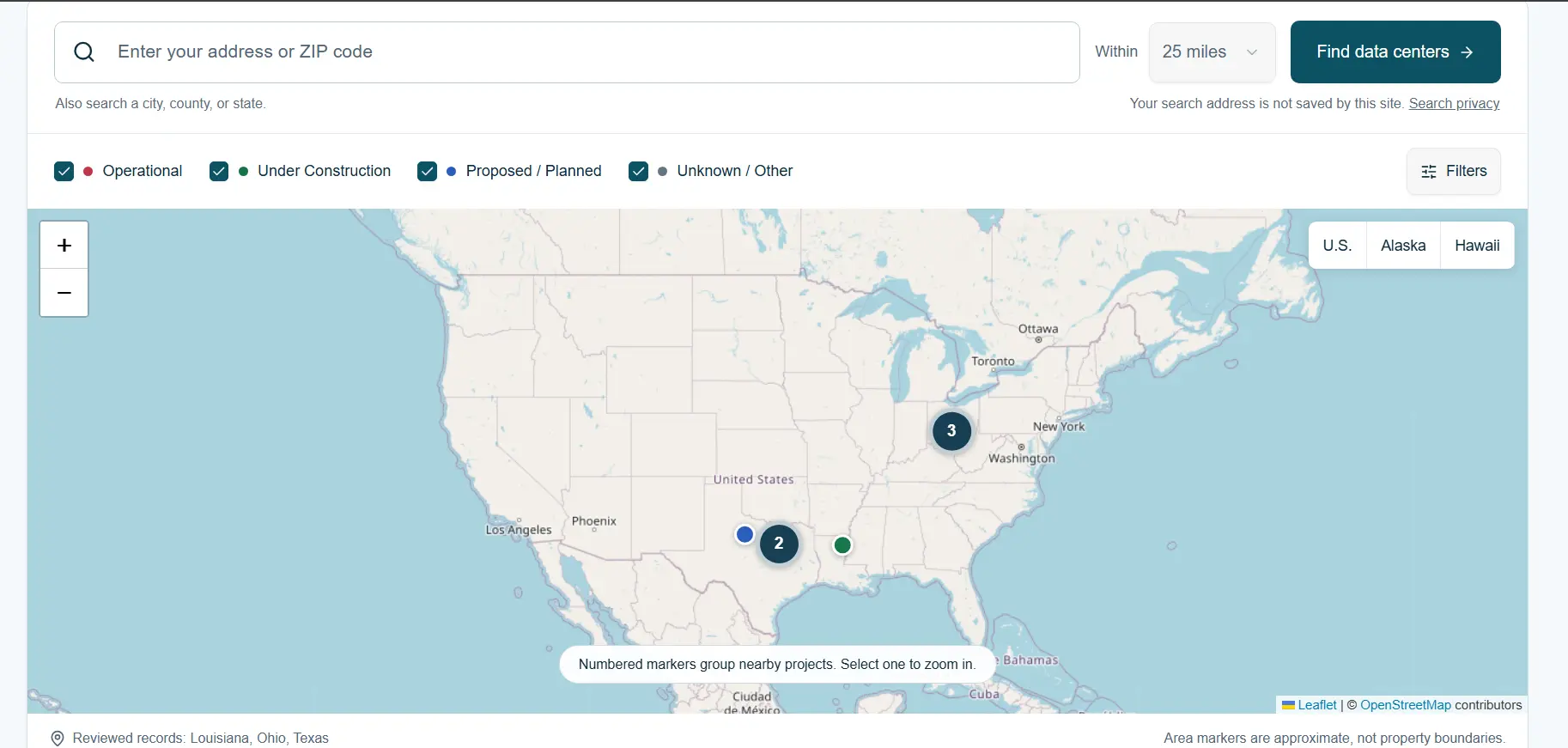 Data Center Atlas nationwide data center map and search interface