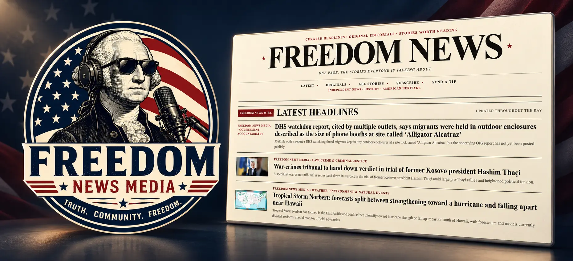 Freedom News Media logo alongside its newspaper-style publishing website