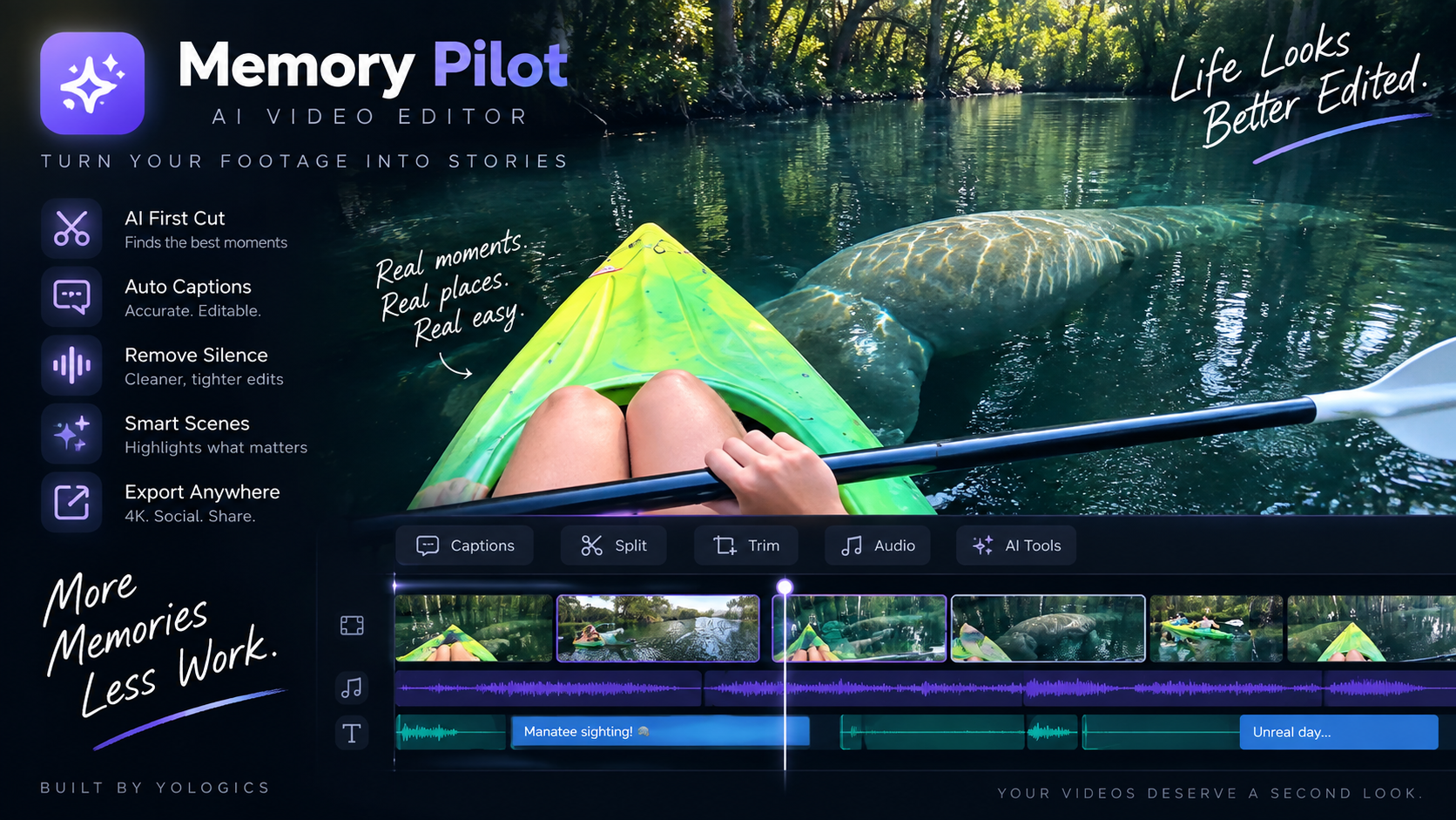 Memory Pilot AI video editor with kayaking and manatee footage