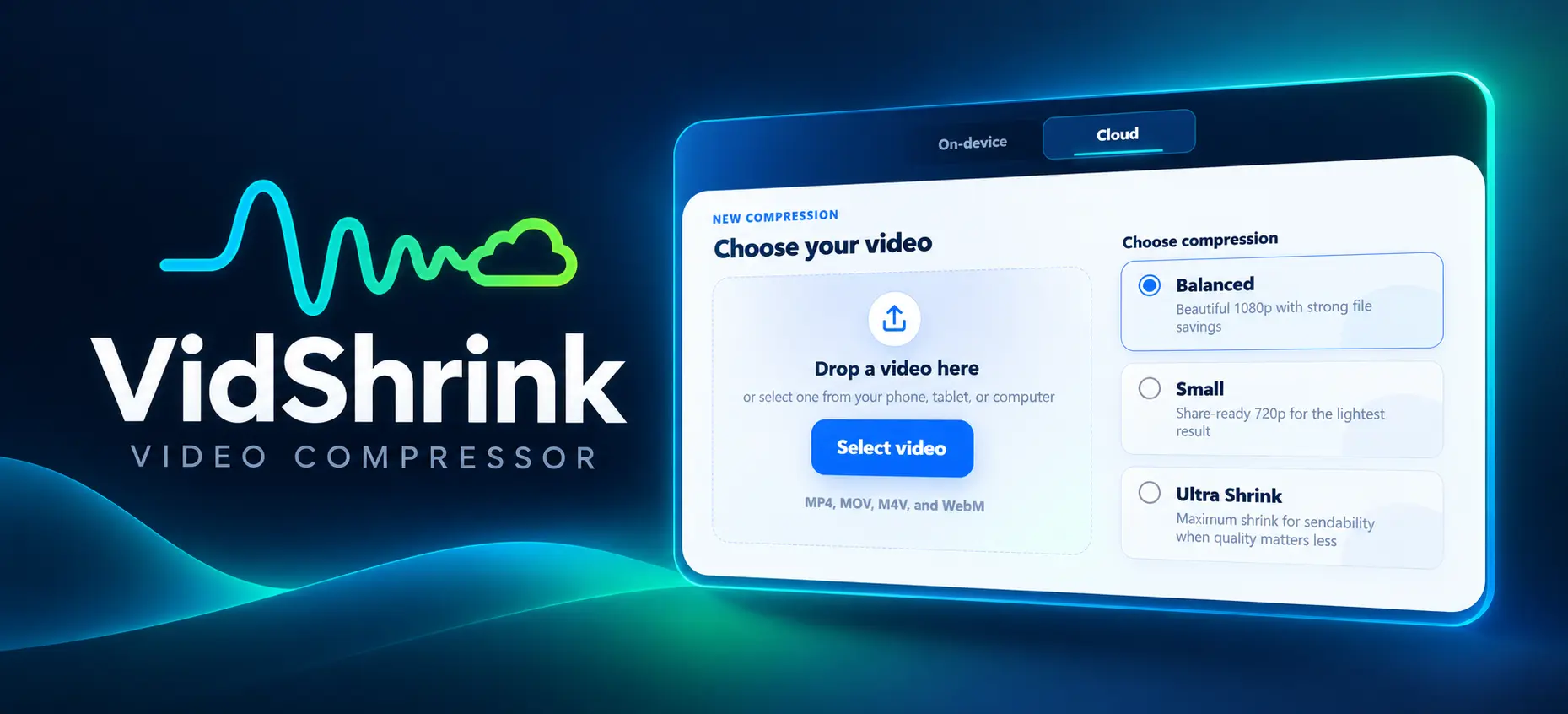 VidShrink video compressor with upload and compression preset preview